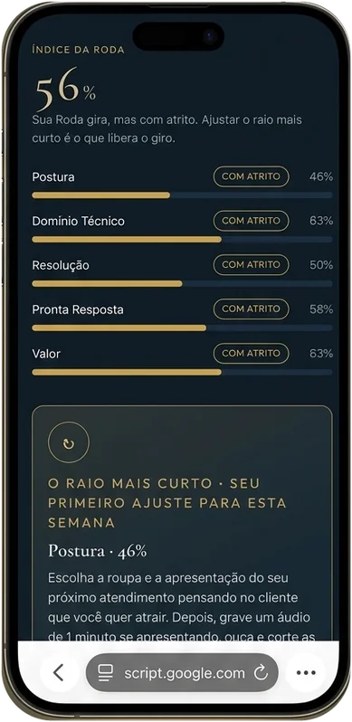 Celular mostrando o resultado do Diagnóstico da Roda com o Índice da Roda e os 5 pilares